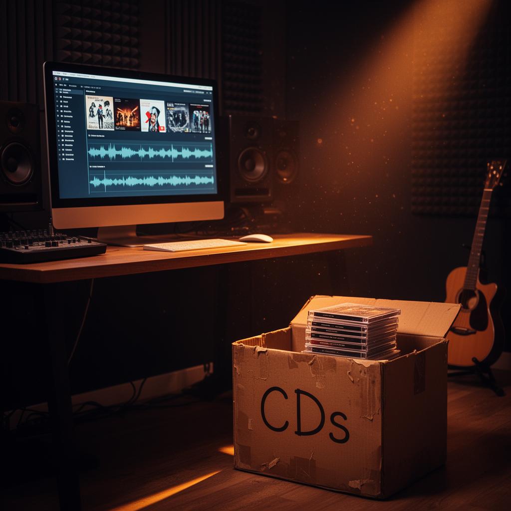 Home music studio with computer playlist and cardboard CDs box